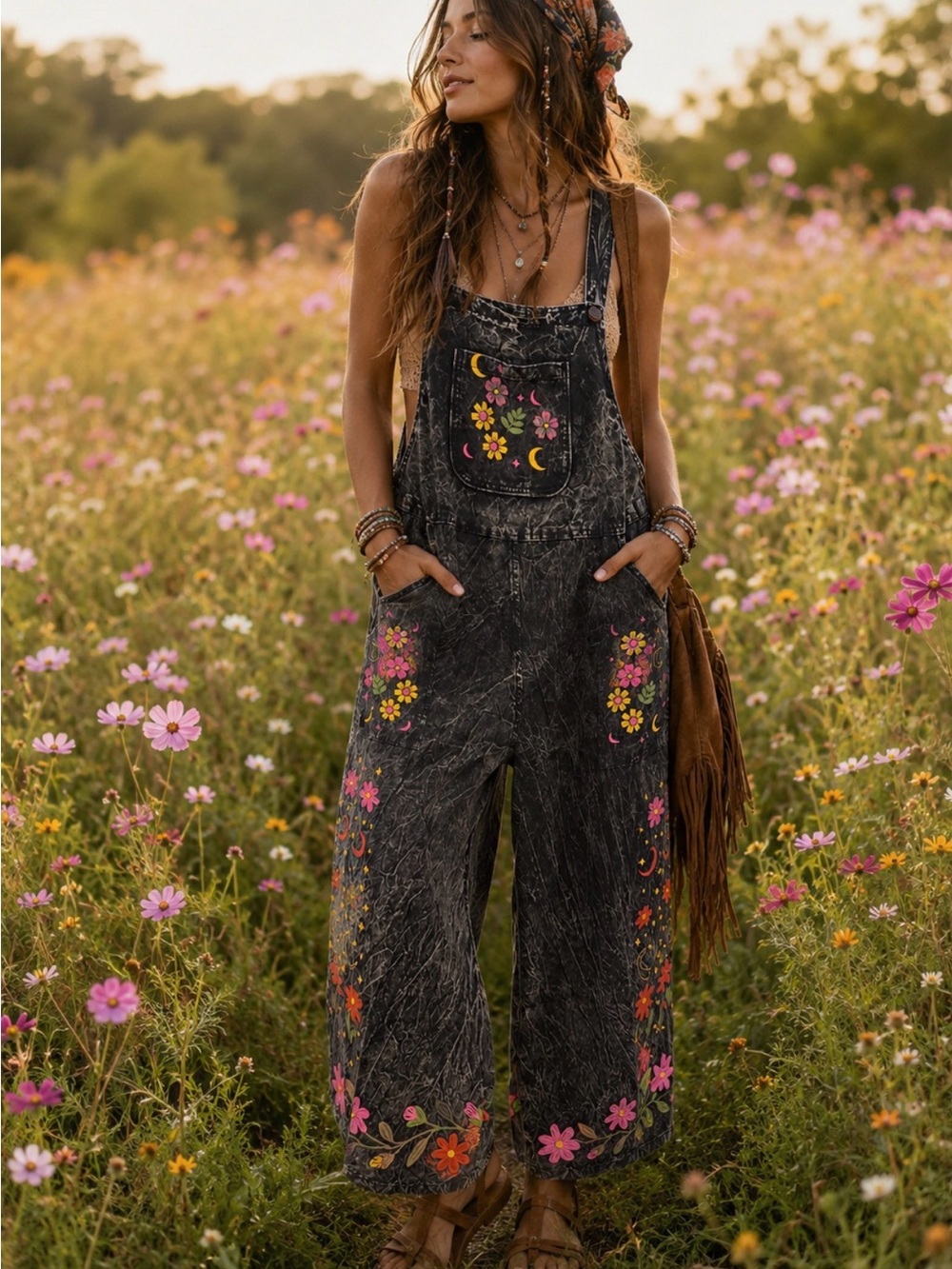 Black Floral Embroidered Denim Overalls - Women Jeans
